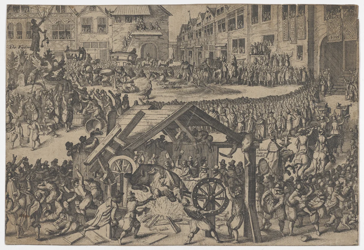 People celebrating at the coronation of Ferdinand II in Frankfurt by anonymous, print, 1500-1599