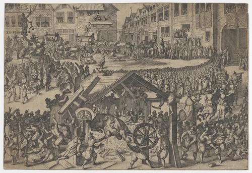 People celebrating at the coronation of Ferdinand II in Frankfurt by anonymous, print, 1500-1599