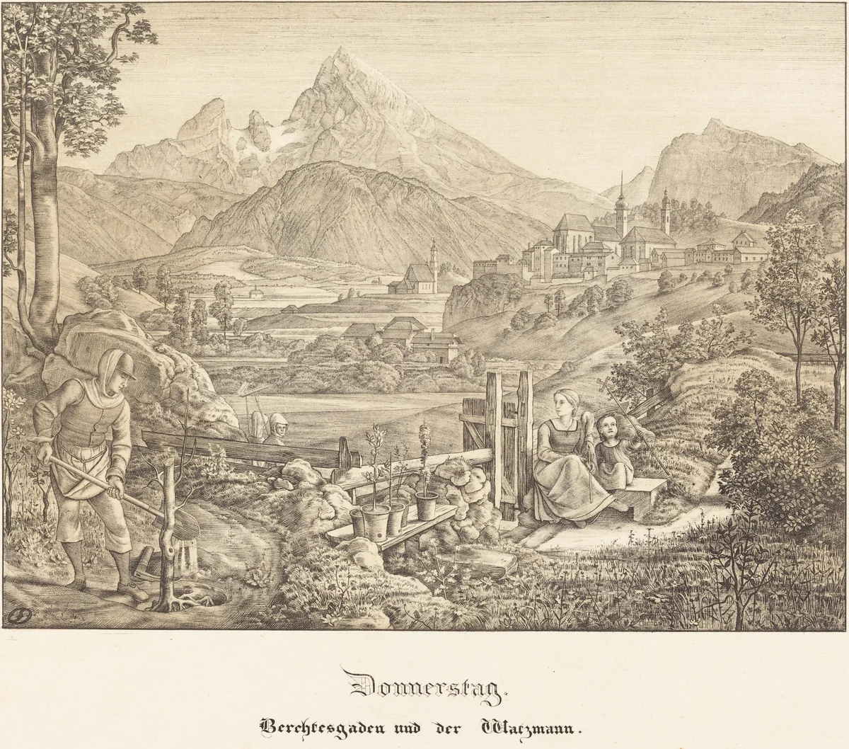 Donnerstag - Berchtesgaden und der Watzmann (Thursday - Berchtesgaden and the Watzmann Mountain) by Ferdinand Olivier, print, 1823