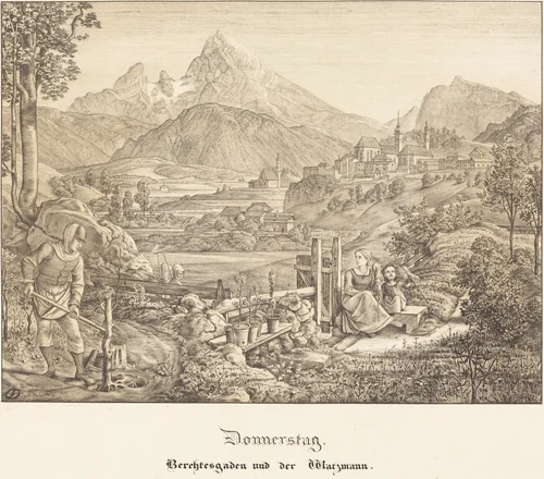 Donnerstag - Berchtesgaden und der Watzmann (Thursday - Berchtesgaden and the Watzmann Mountain) by Ferdinand Olivier, print, 1823