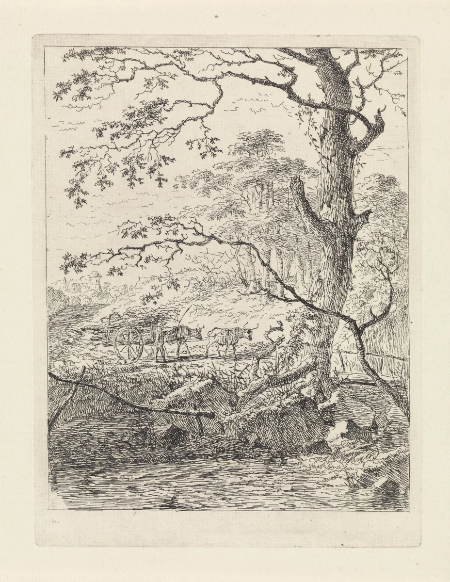 Boom aan een beek en een ossenkar by Gerard van Nijmegen, print, 1790