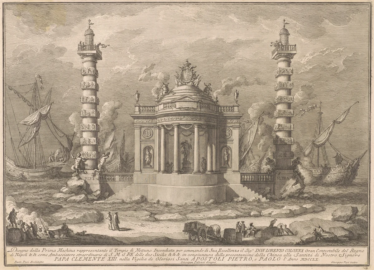 The Prima Macchina for the Chinea of 1760: The Temple of Neptune by Giuseppe Vasi, print, 1760
