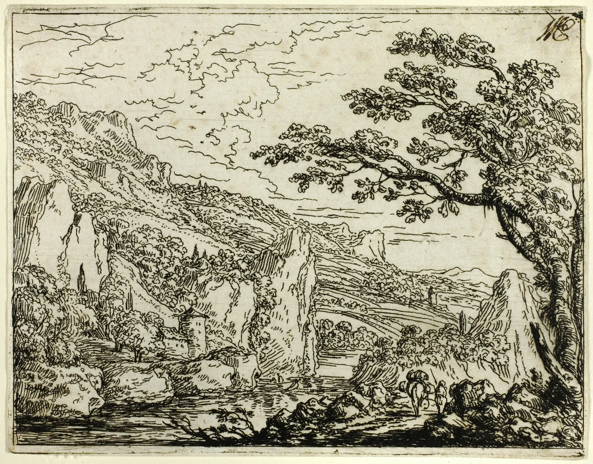 Italian Landscape with Ruins by Jonas Umbach, print, 1644-1693