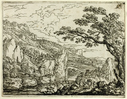 Italian Landscape with Ruins by Jonas Umbach, print, 1644-1693