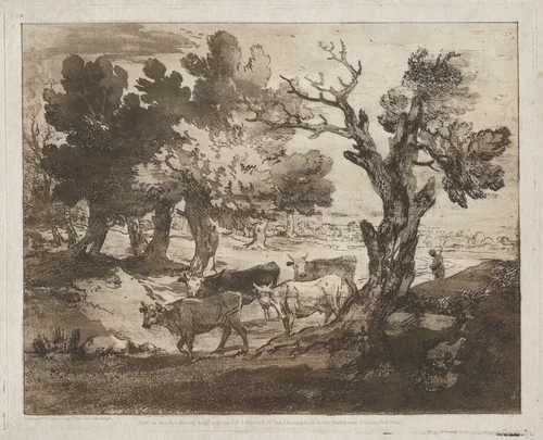 Wooded Landscape with Herdsman and Cows by Thomas Gainsborough, print, 1780-1785