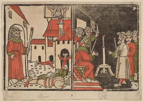 Massacre of the Firstborn and Egyptian Darkness by Spanish, print, 1490