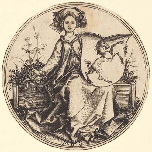 Shield with Unicorn, Held by Woman by Martin Schongauer, print, 1480-1490