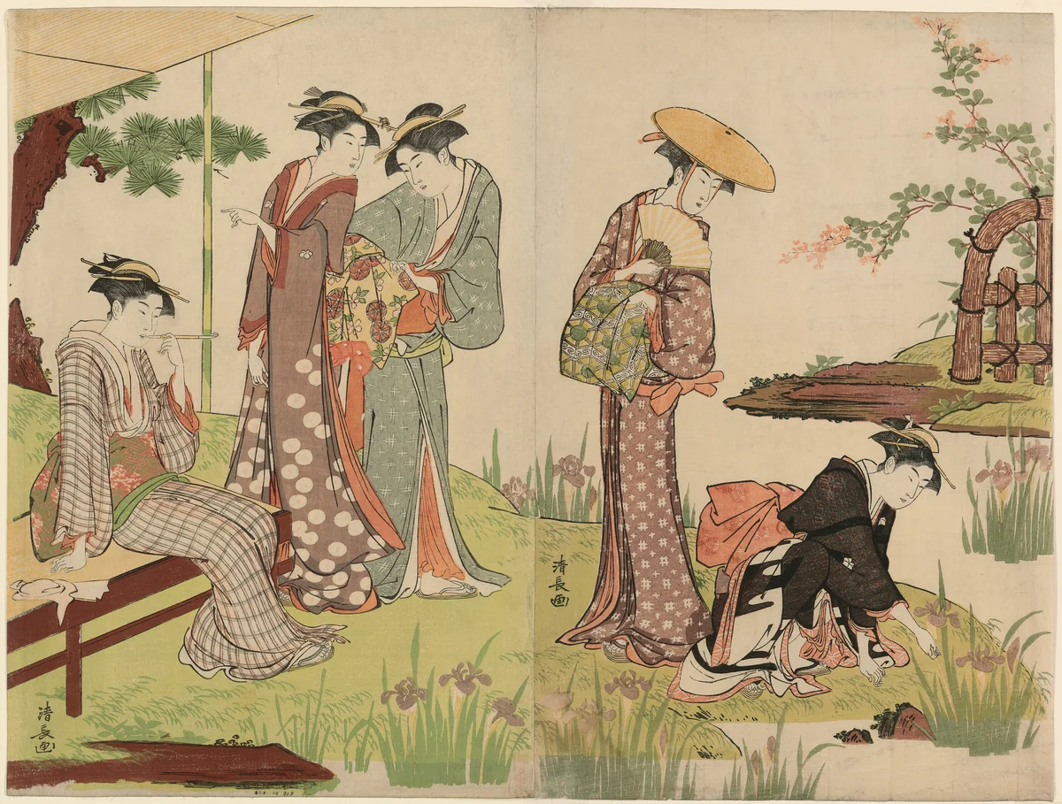 By an Iris Pond by Torii Kiyonaga (鳥居清長), print, 1780-1790