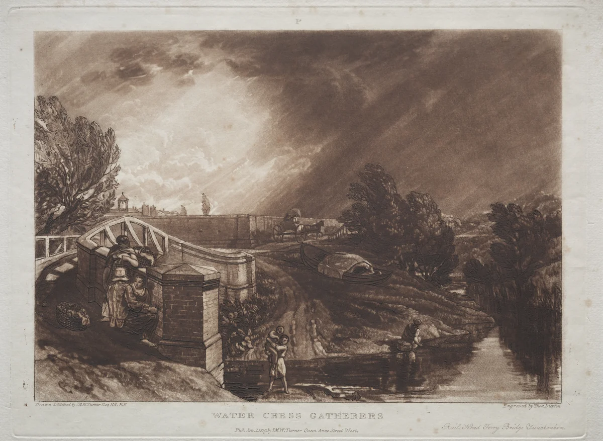 Liber Studiorum: Watercress Gatherers, Rails Head, Ferry Bridge, Twickenham by Joseph Turner, print