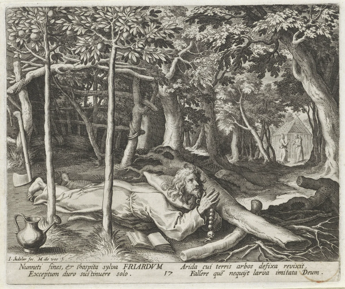 Heilige Friardus van Nantes als kluizenaar by Unknown, print, 1594