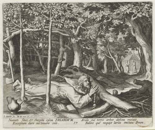 Heilige Friardus van Nantes als kluizenaar by Unknown, print, 1594