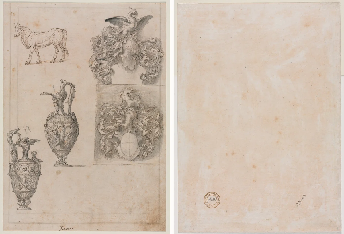 Design for Two Vases, Two Coats of Arms, and a Bull (recto) Several Line Borders (verso) by Luzio Romano, drawing, 1530-1570