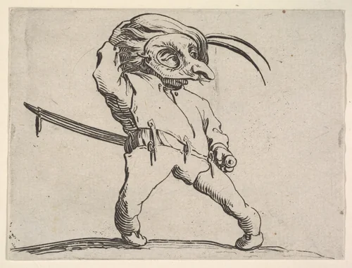 Masked, small male figure with right hand grasping hat and left hand grasping sword hilt, from "Varie Figure Gobbi" by Jacques Callot, print, 1621-1625
