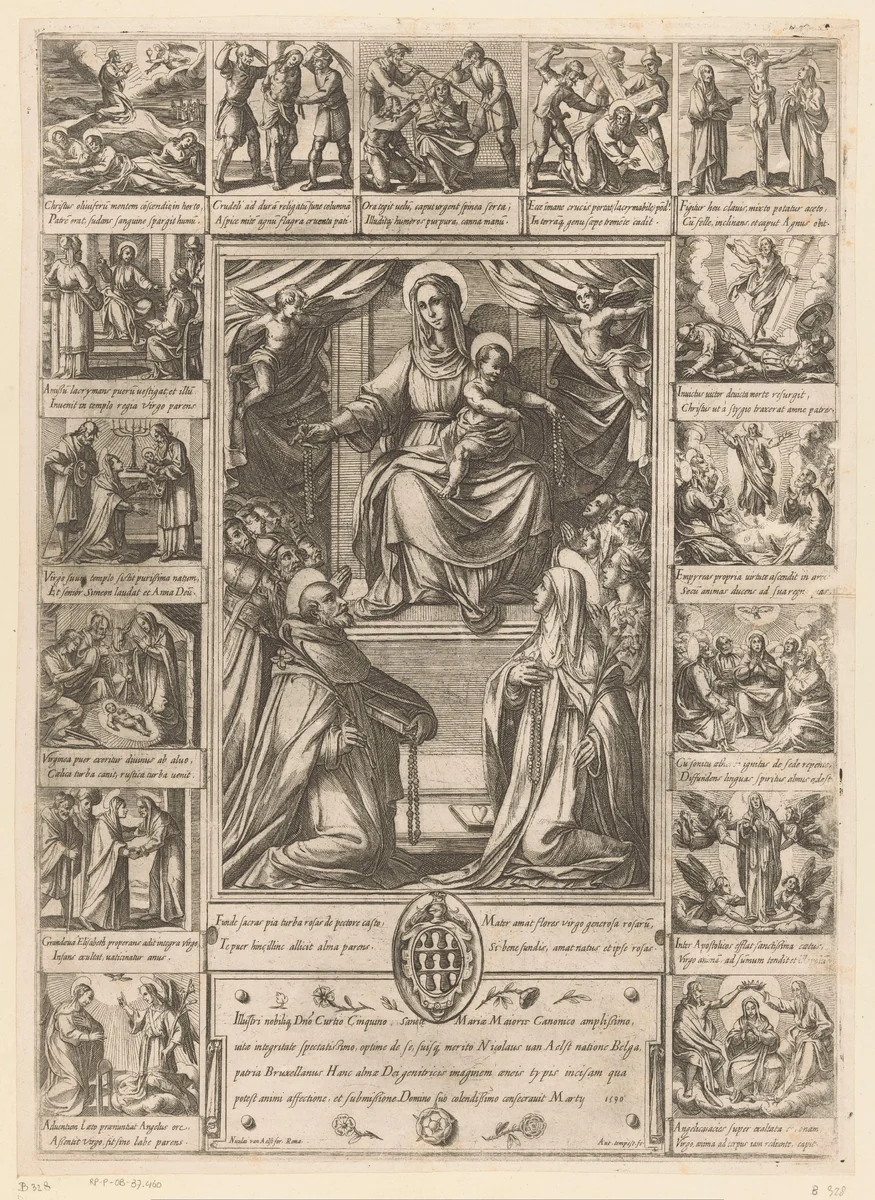 Maria met Kind op troon met de heilige Dominicus en de heilige Catharina van Siena by Unknown, print, 1590