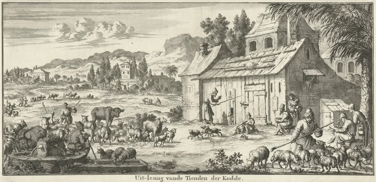 Herders staan een tiende deel van hun kudde af by Jan Luyken, print, 1683