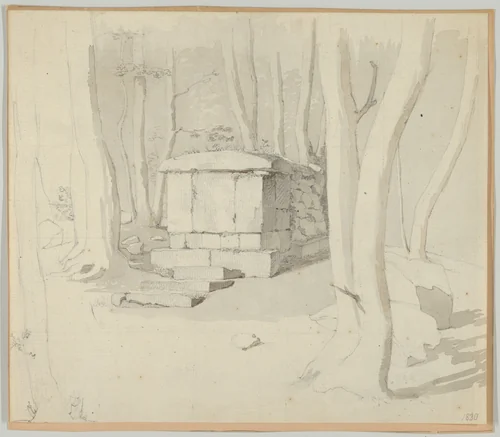 A Stone Tomb in a Forest; verso: Study of a Flower by Christen Købke, drawing, 1830