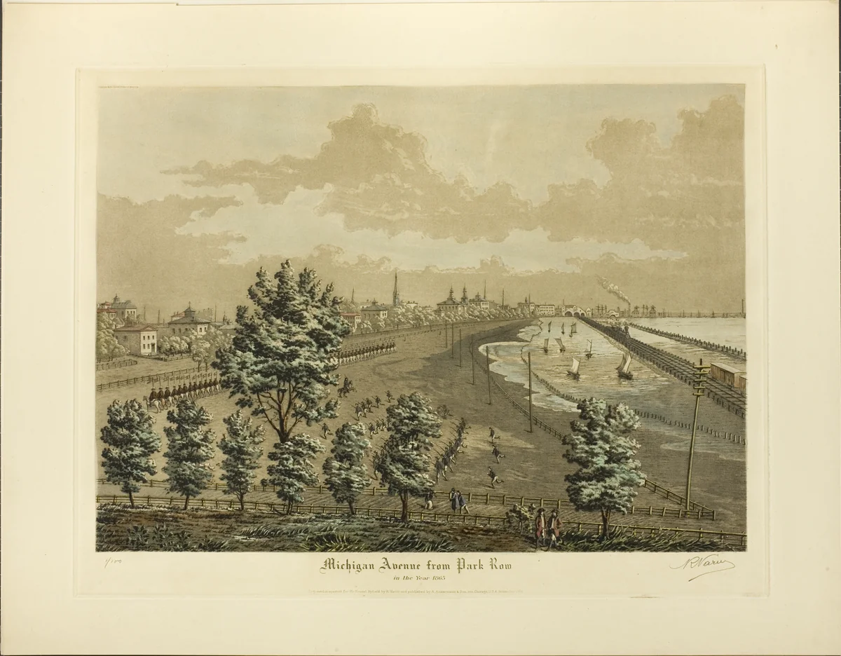 Michigan Avenue from Park Row in the Year 1865 by Raoul Varin, print, 1926