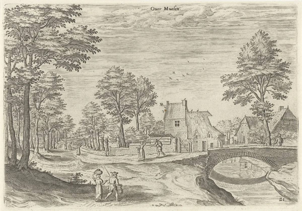 Gezicht op de weg naar de Brusselse stadspoort Overmolen by Hans Collaert, print, 1530-1580