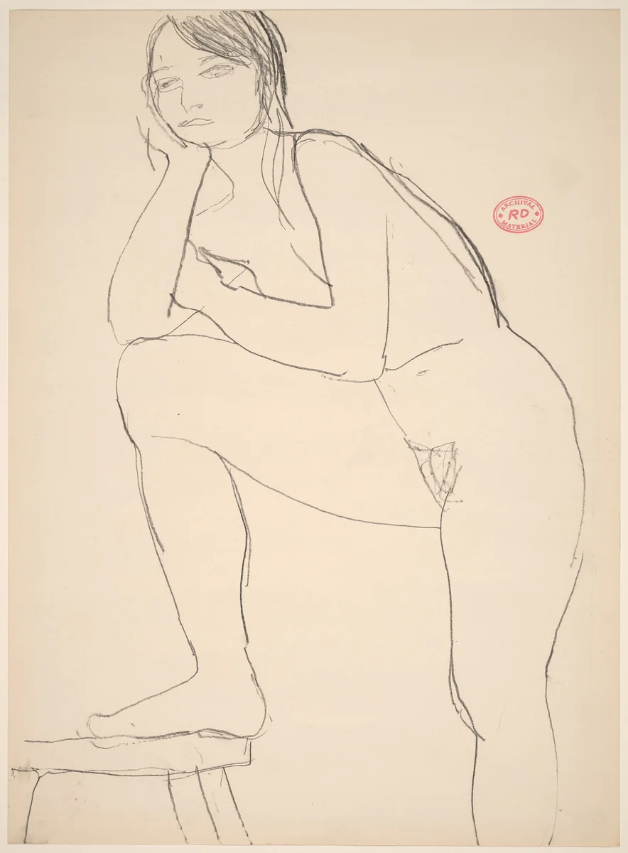Untitled [standing nude with her right foot on a stool] by Richard Diebenkorn, drawing, 1955-1967