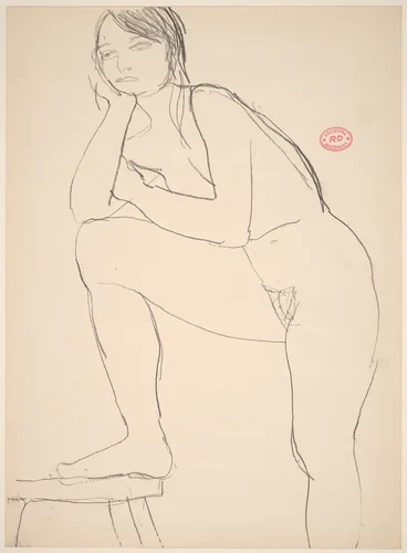 Untitled [standing nude with her right foot on a stool] by Richard Diebenkorn, drawing, 1955-1967