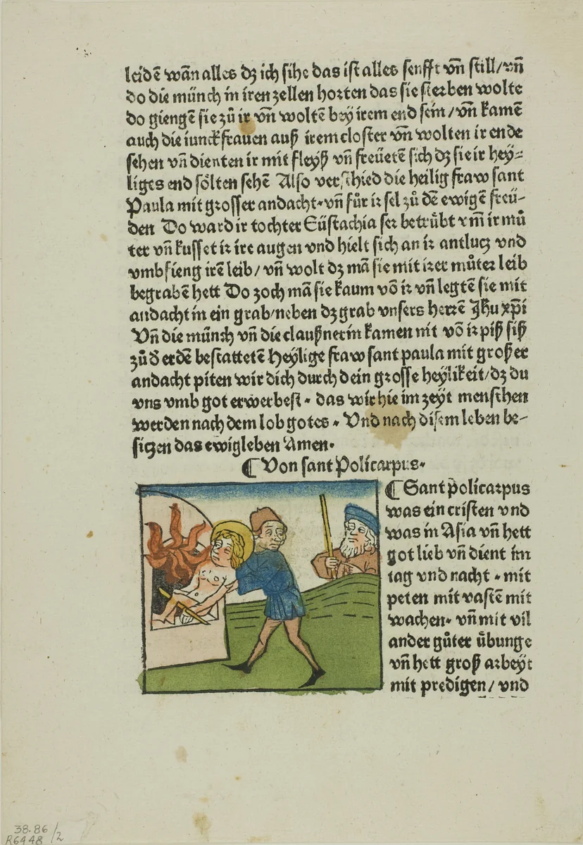 Saint Policarpus from Lives of the Heiligenleben, Sommerteil (Saints, Summertime), Plate 2 from Woodcuts from Books of the 15th Century by Johannes Baemler, print, 1475