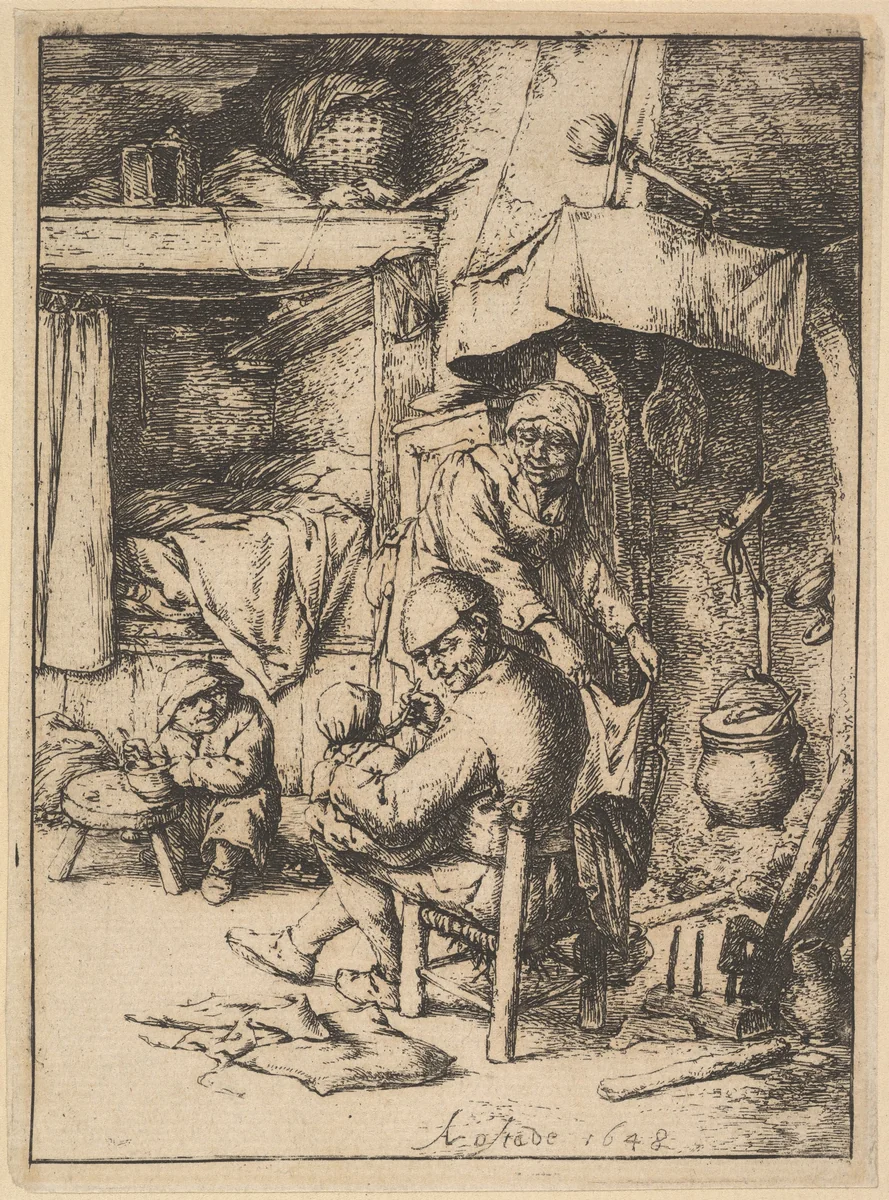 Father of the Family Giving Broth to His Baby by Adriaen van Ostade, print, 1610-1685