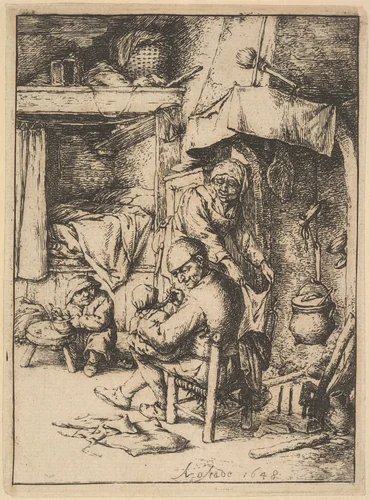 Father of the Family Giving Broth to His Baby by Adriaen van Ostade, print, 1610-1685