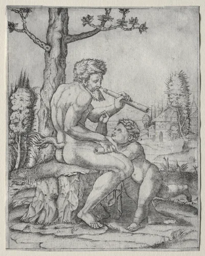 Faun and Child by Marcantonio Raimondi, print, 1504-1514