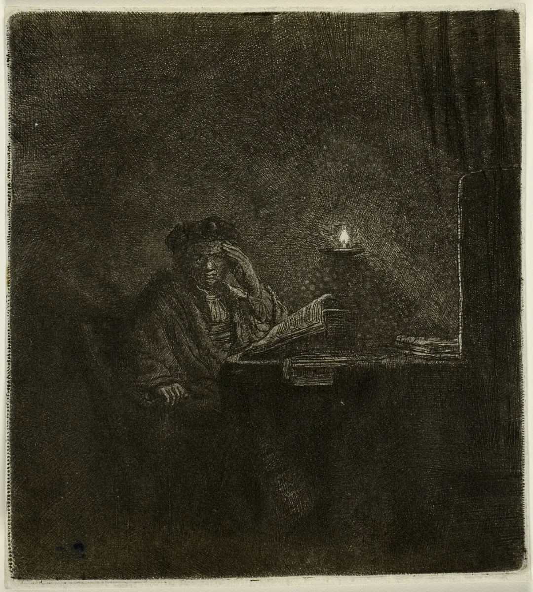 Student at a Table by Candlelight by Rembrandt van Rijn, print, 1637-1647