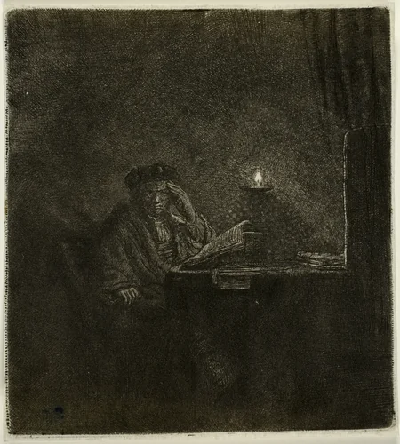 Student at a Table by Candlelight by Rembrandt van Rijn, print, 1637-1647