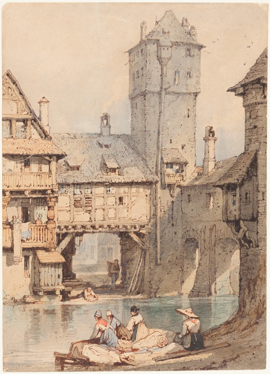Laundresses before the Wasserturm, Nuremberg by Samuel Prout, drawing, 1783-1852