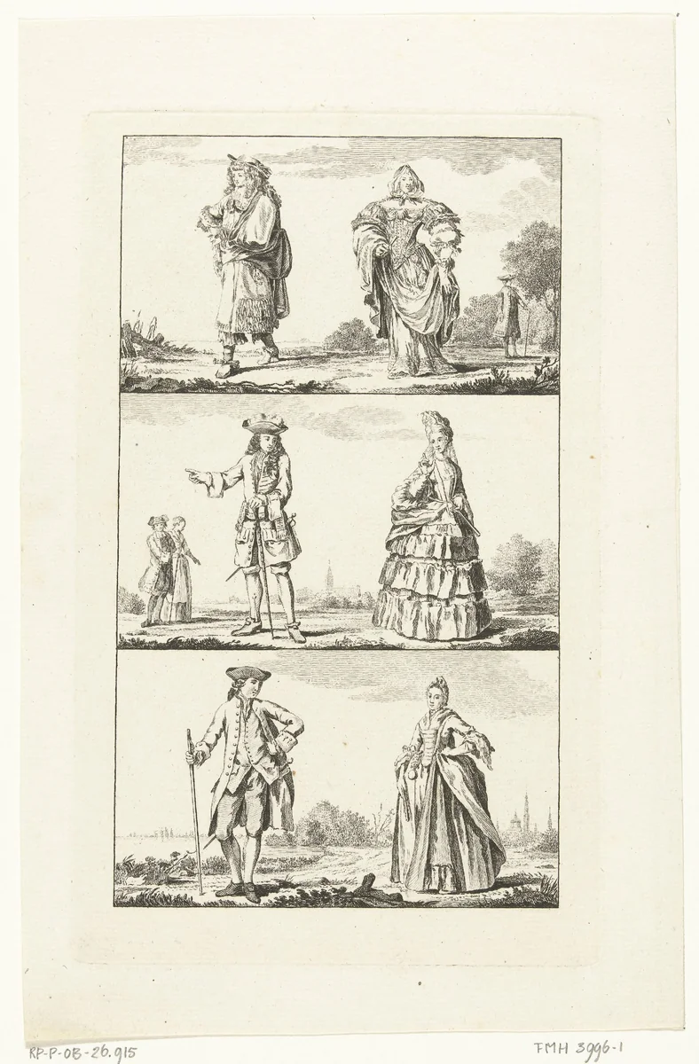 Drie landschappen met mannen en vrouwen in Hollandse klederdrachten, uit verschillende perioden by Cornelis Brouwer, print, 1776