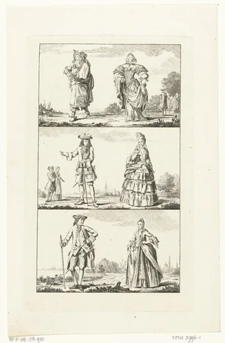 Drie landschappen met mannen en vrouwen in Hollandse klederdrachten, uit verschillende perioden by Cornelis Brouwer, print, 1776
