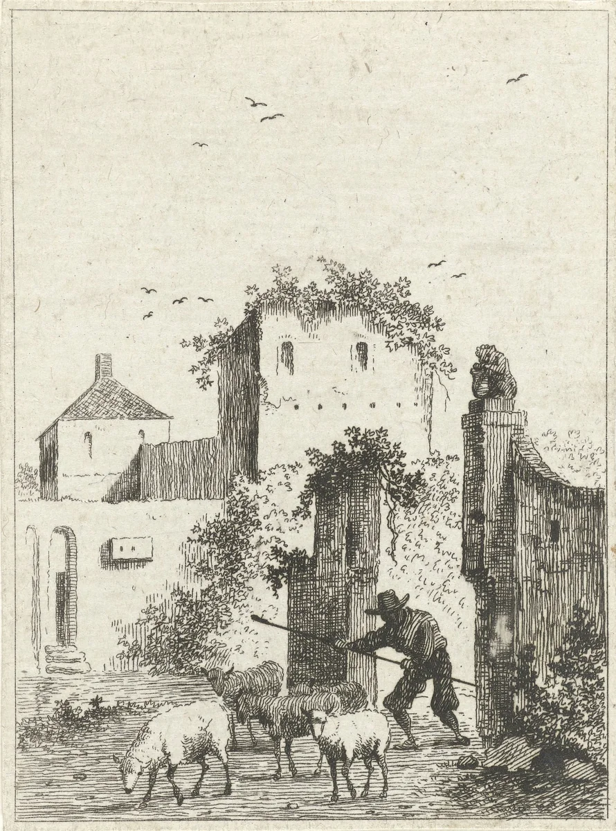 Herder met schapen bij een dorp by Jan Izaak van Mansvelt, print, 1771-1802