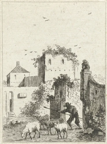 Herder met schapen bij een dorp by Jan Izaak van Mansvelt, print, 1771-1802
