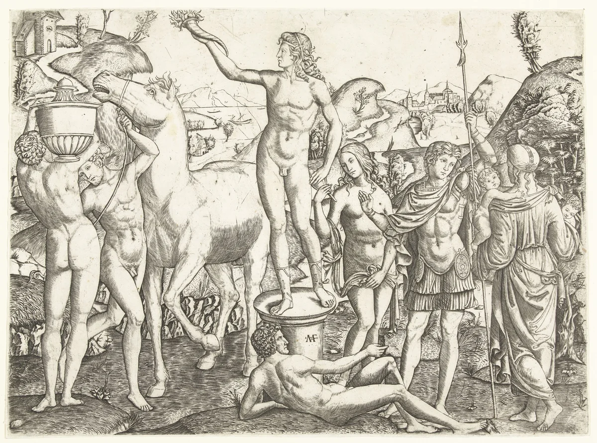 Naakte man met fakkel staat op sokkel omringd door naakte mannen met paard en vaas en soldaat geflankeerd door deugden Voorzichtigheid en Liefde by Unknown, print, 1510-1527
