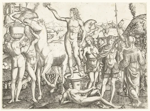 Naakte man met fakkel staat op sokkel omringd door naakte mannen met paard en vaas en soldaat geflankeerd door deugden Voorzichtigheid en Liefde by Unknown, print, 1510-1527