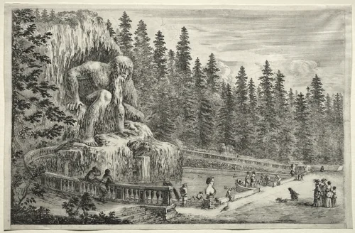 Views of the Villa of Pratolino: Colossal Statue of the Apennines by Stefano della Bella, print, 1648-1658