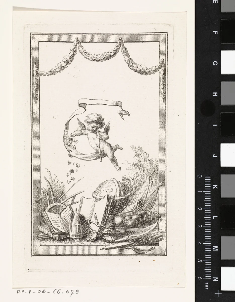 Putto strooit bloemen over allegorische attributen by Reinier Vinkeles, print, 1751-1816