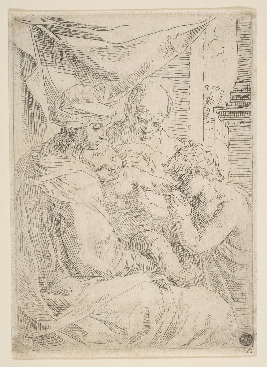 Holy Family with Saint John the Baptist kissing the infant Christ's hand by Simone Cantarini, print, 1637-1647