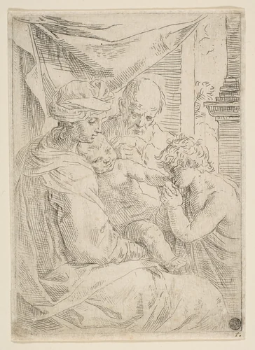 Holy Family with Saint John the Baptist kissing the infant Christ's hand by Simone Cantarini, print, 1637-1647