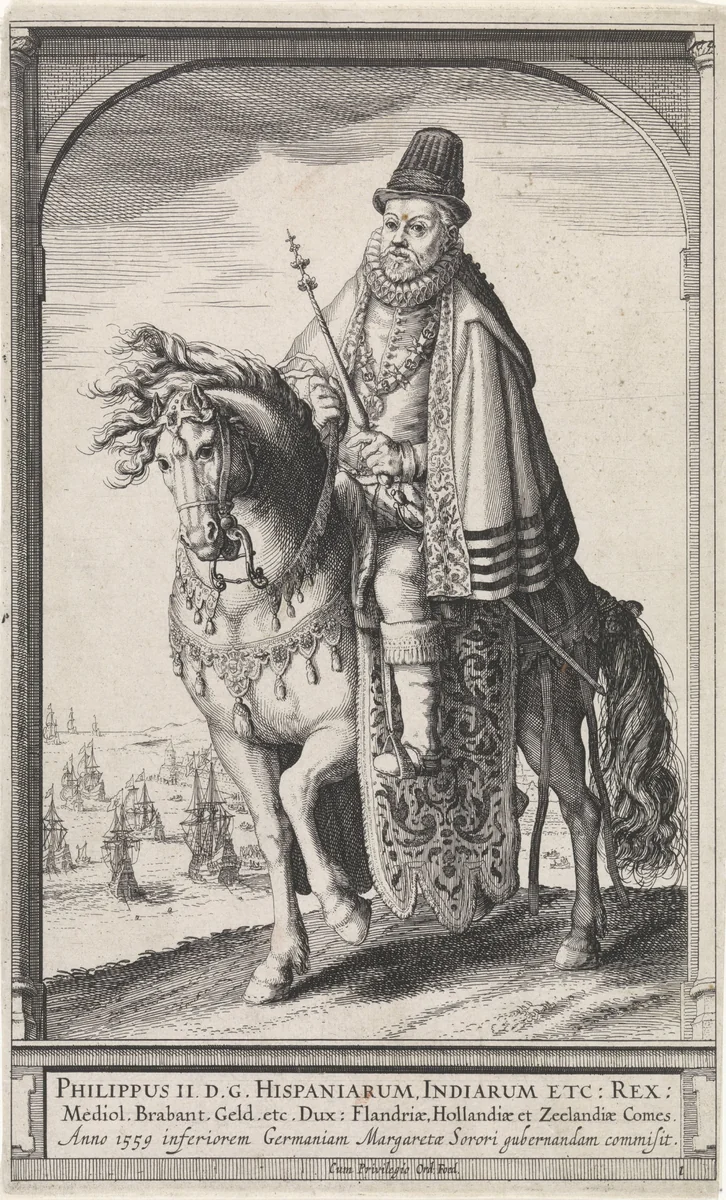 Ruiterportret van Filips II by Unknown, print, 1591-1632