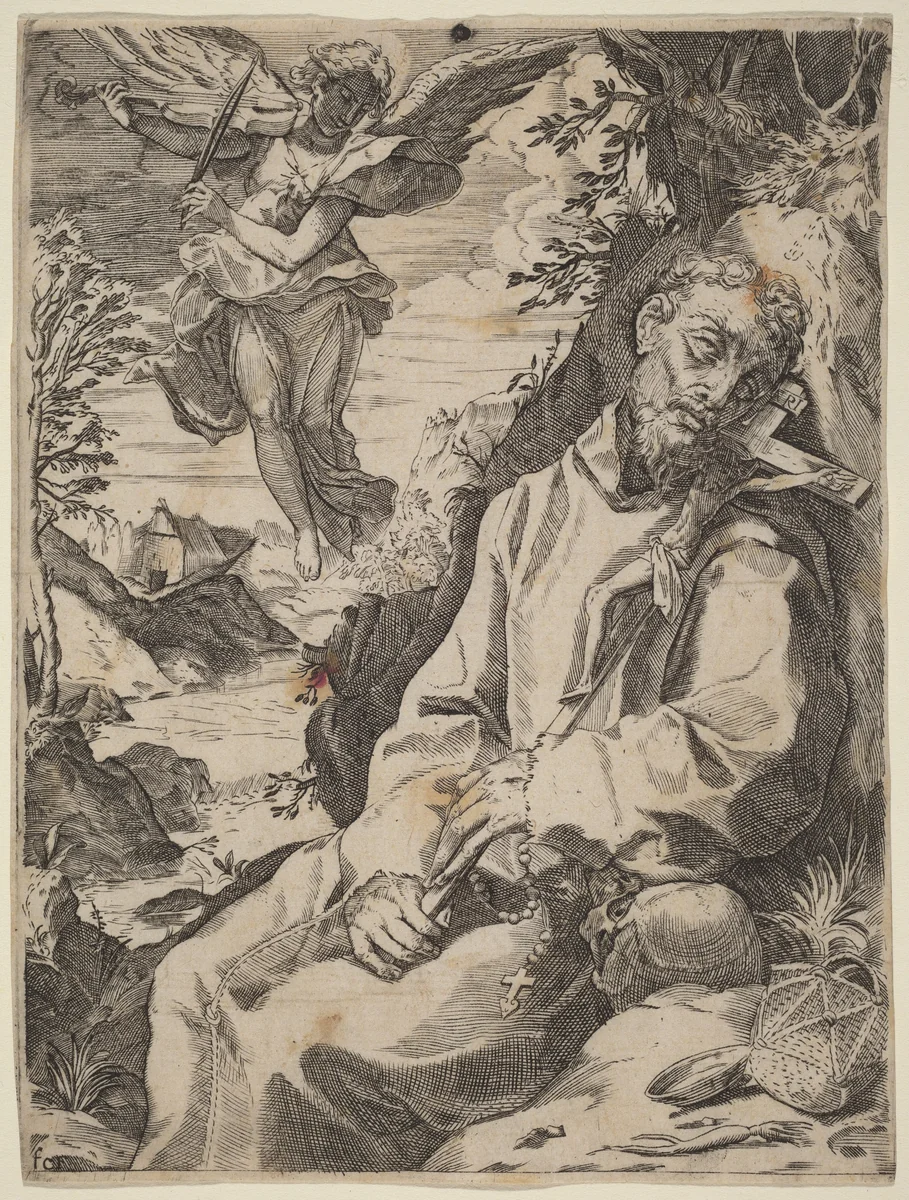 Saint Francis Consoled by the Musical Angel by Francesco Carracci; Agostino Carracci, print, 1590-1600