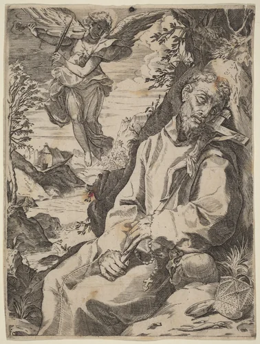 Saint Francis Consoled by the Musical Angel by Francesco Carracci; Agostino Carracci, print, 1590-1600
