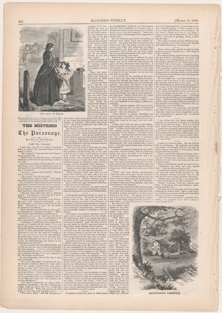 The Lady in Black, Meadowbrook Parsonage (from "The Mistress of the Parsonage," in "Harper's Weekly") by Winslow Homer, print, 1860