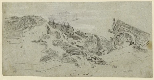 Twee karren op een bouwterrein, vermoedelijk bij het huidige Russell Square te Londen by John Linnell, drawing, 1806