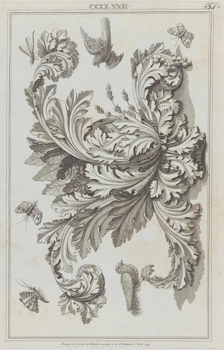 Acanthus Leaves, Birds and Insects, no. CCCLXXII, plate 57 from "Designs for Various Ornaments" by Michelangelo Pergolesi, print, 1792