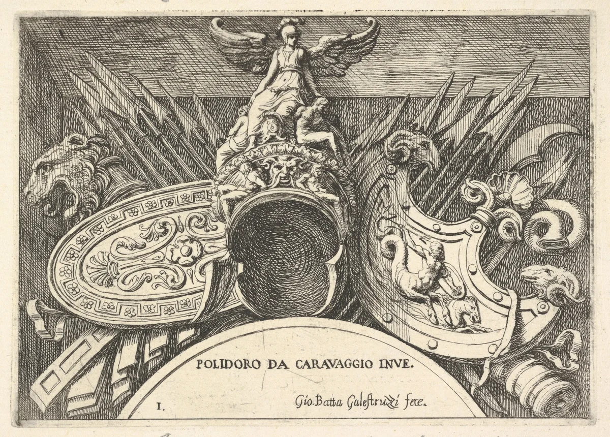 Plate 1: trophies of Roman arms from decorations above the windows on the second floor of the Palazzo Milesi in Rome by Giovanni Battista Galestruzzi, print, 1656-1658