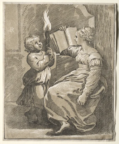 Sibyl Reading with a Child Holding a Torch by Ugo da Carpi, print, 1518-1527