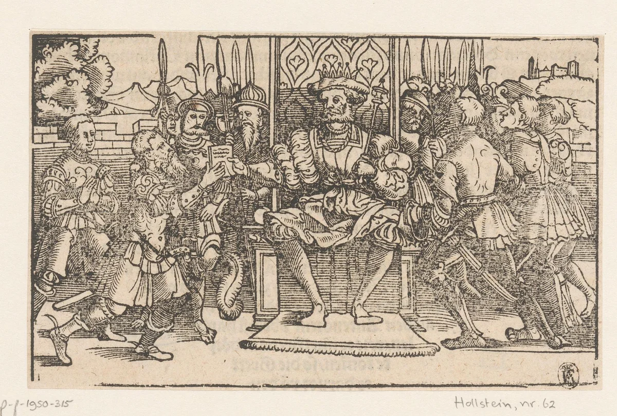 Pausanias zittend op zijn troon ontvangt een brief by anonymous, print, 1533